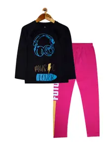KiddoPanti Girls Black & Pink Printed T-shirt with Leggings