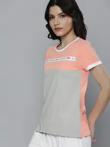 Slazenger Women Peach-Coloured & Grey Colourblocked Pure Cotton T-shirt