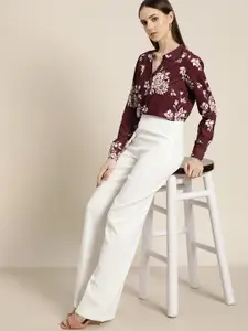her by invictus Women Burgundy & Cream-Coloured Floral Printed Casual Shirt
