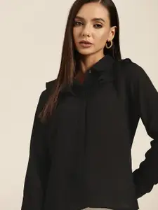 her by invictus Women Black Solid Casual Shirt with Ruffle Detail