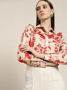 her by invictus Women Beige Skinny Fit Floral Printed Casual Shirt