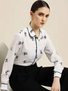 her by invictus Women White & Black Floral Printed Easy-Iron Casual Shirt