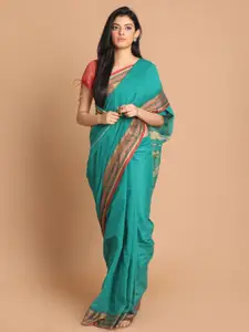 Indethnic Green Solid Pure Cotton Saree