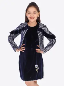 CUTECUMBER Kids Girls Navy Blue Striped Velvet Dress