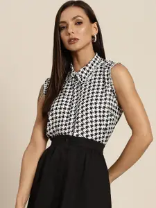 her by invictus Women White Geometric Printed Ruffle Hem Casual Shirt