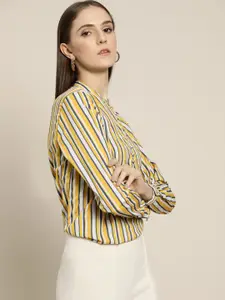 her by invictus Mustard Yellow & White Striped Mandarin Collar Shirt Style Top