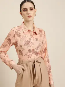 her by invictus Women Peach-Coloured & Brown Floral Printed Easy-Iron Casual Shirt