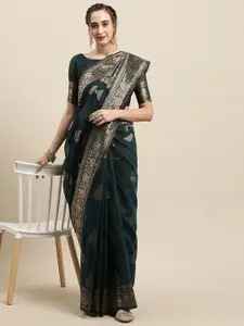 Saree mall Teal & Silver-Toned Woven Design Zari Silk Blend Banarasi Sarees