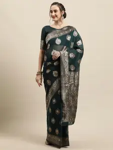 Saree mall Teal Gren & Gold-Toned Ethnic Motifs Silk Blend Banarasi Sarees