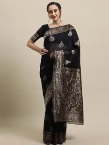 Saree mall Navy Blue & Gold-Toned Woven Design Zari Silk Blend Banarasi Sarees