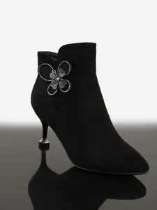 BuckleUp Black Block Heeled Boots with Bows