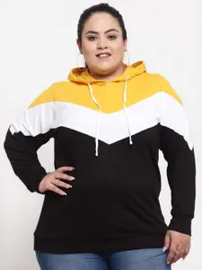 plusS Plus Size Women Black & Yellow Colourblocked Hooded Sweatshirt
