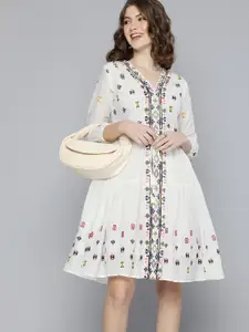 Kvsfab White Ethnic Motifs Embroidered V-Neck Cuff Sleeves Cotton Party Fit & Flare Dress