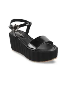 Catwalk Black Wedge Sandals with Buckles