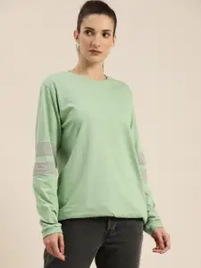 DILLINGER Women Green Solid Round Neck Drop-Shoulder Sleeves Cotton Loose T-shirt