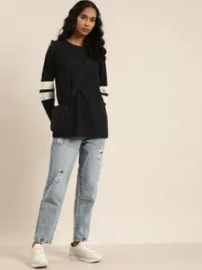 DILLINGER Women Black Solid Round Neck Drop-Shoulder Sleeves Cotton Loose T-shirt