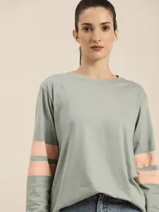 DILLINGER Women Grey Solid Round Neck Drop-Shoulder Sleeves Cotton OversizedT-shirt