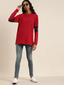 DILLINGER Women Red Solid Round Neck Drop-Shoulder Sleeves Cotton Loose T-shirt