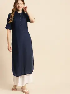 Prakrti Women Navy Blue Solid Shirt Collar Kurta