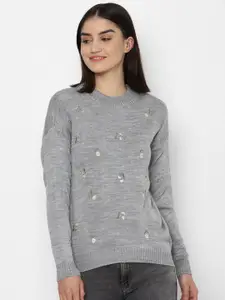 Allen Solly Woman Women Grey & Pink Embroidered Pullover