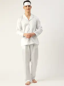 Rapra The Label Men White Solid Pure Cotton Pyjamas Set with Sleeping Eye Mask