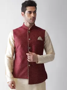 KISAH Men Maroon Geometric Printed Nehru Jacket