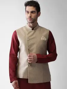 KISAH Men Beige Printed Nehru Jacket