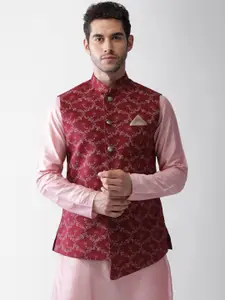 KISAH Men Maroon Printed Nehru Jacket