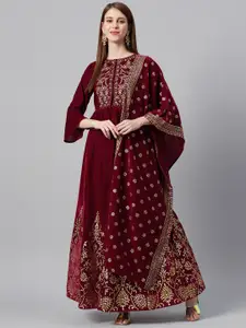 Juniper Maroon & Gold-Toned Embroidered Ready to Wear Lehenga & Blouse With Dupatta