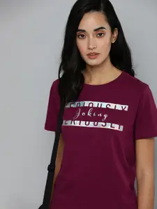 Flying Machine Women Maroon Typography Printed Pure Cotton T-shirt