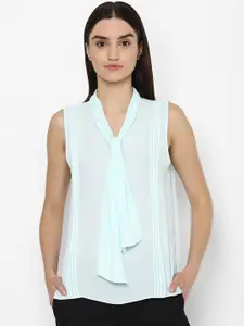 Allen Solly Woman Turquoise Blue Tie-Up Neck Top
