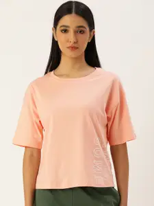 Flying Machine Women Peach Pink Typography Print Drop-Shoulder Sleeves Pure Cotton T-shirt
