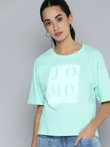 Flying Machine Women Mint Green Typography Printed Pure Cotton Loose T-shirt