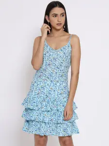 MARC LOUIS Women Blue & Pink Floral Printed Layered Cotton Dress