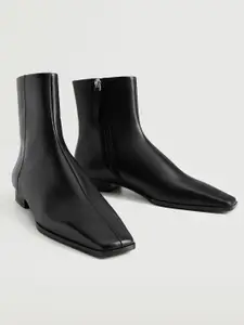 MANGO Women Black Solid Mid-Top Leather Flat Boots
