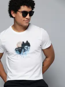 Indian Terrain Men White & Blue Brand Logo Printed Pure Cotton T-shirt