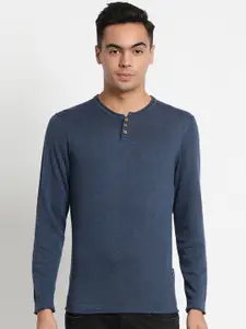 Indian Terrain Men Blue Solid Henley Neck Sweater