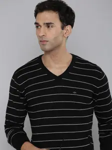 Indian Terrain Black & White Striped V-Neck Pullover Sweater