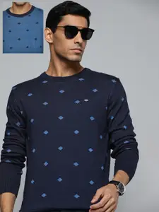 Indian Terrain Men Blue Acrylic Geometric Patterned Reversible Pullover