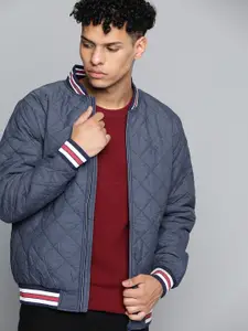 Indian Terrain Men Blue Melange Solid Bomber Jacket