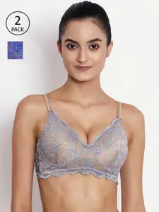 ABELINO Pack of 2 Grey & Blue Floral Push-Up Bra Heavily Padded