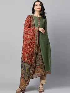 FASHOR Women Green & Maroon Ethnic Motifs Printed Chanderi Silk Kurta