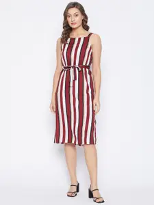 PURYS Maroon Striped Crepe A-Line Mini Dress