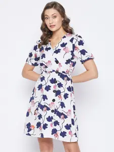 PURYS White & Navy Blue Floral Crepe Dress