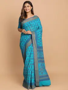 Indethnic Blue & Brown Floral Printed Saree