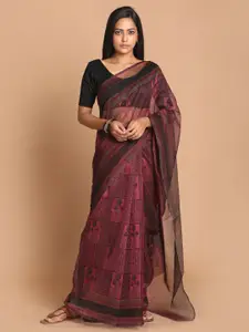 Indethnic Magenta & Black Ethnic Motifs Supernet Saree