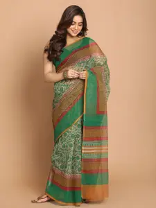 Indethnic Green & Red Ethnic Motifs Supernet Saree