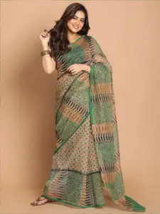 Indethnic Green & Orange Supernet Saree