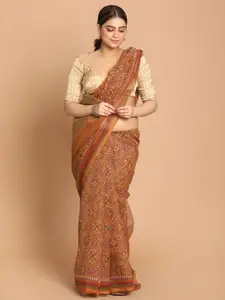 Indethnic Tan & Pink Ethnic Motifs Supernet Saree