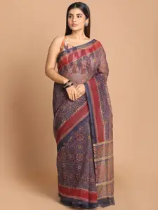 Indethnic Purple & Red Ethnic Motifs Printed Supernet Saree